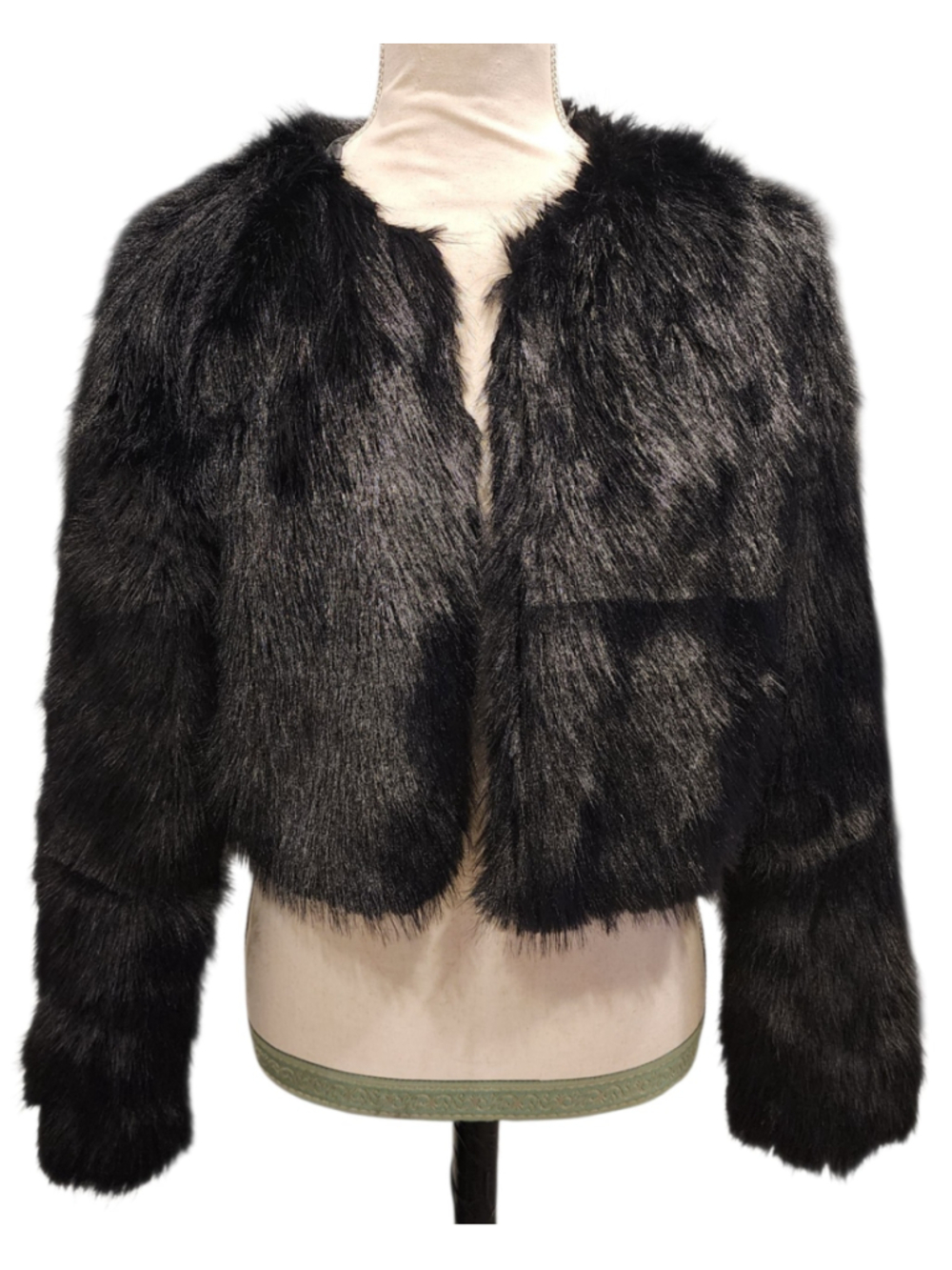 Y2K Glam Black Faux Fur Crop Jacket Bolero Open Front Fluffy Women’s S Party